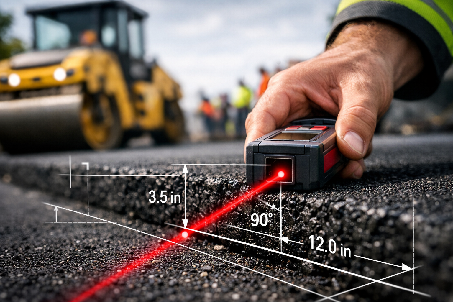 Engineer measuring driveway width with laser tape