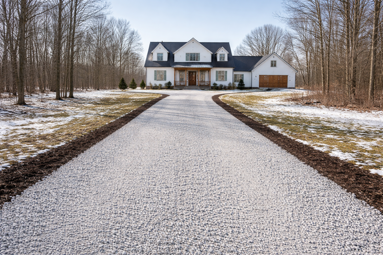 Engineered gravel driveway in Ohio winter with snow on the sides