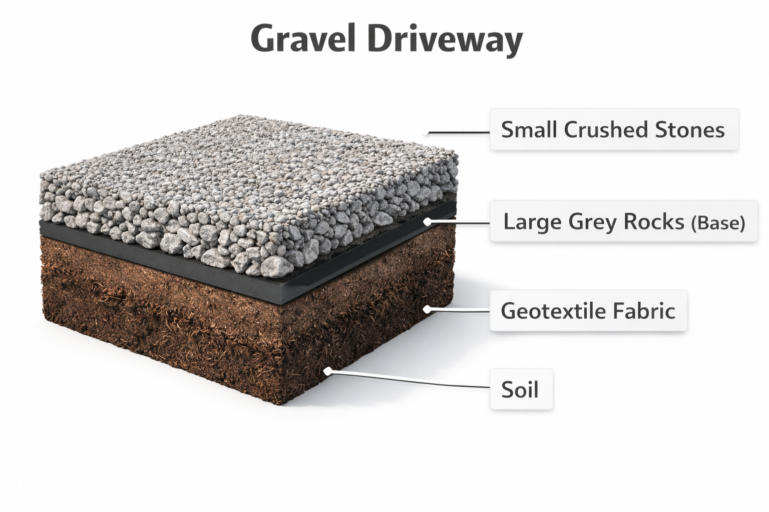 Cross section of proper gravel driveway layers with fabric