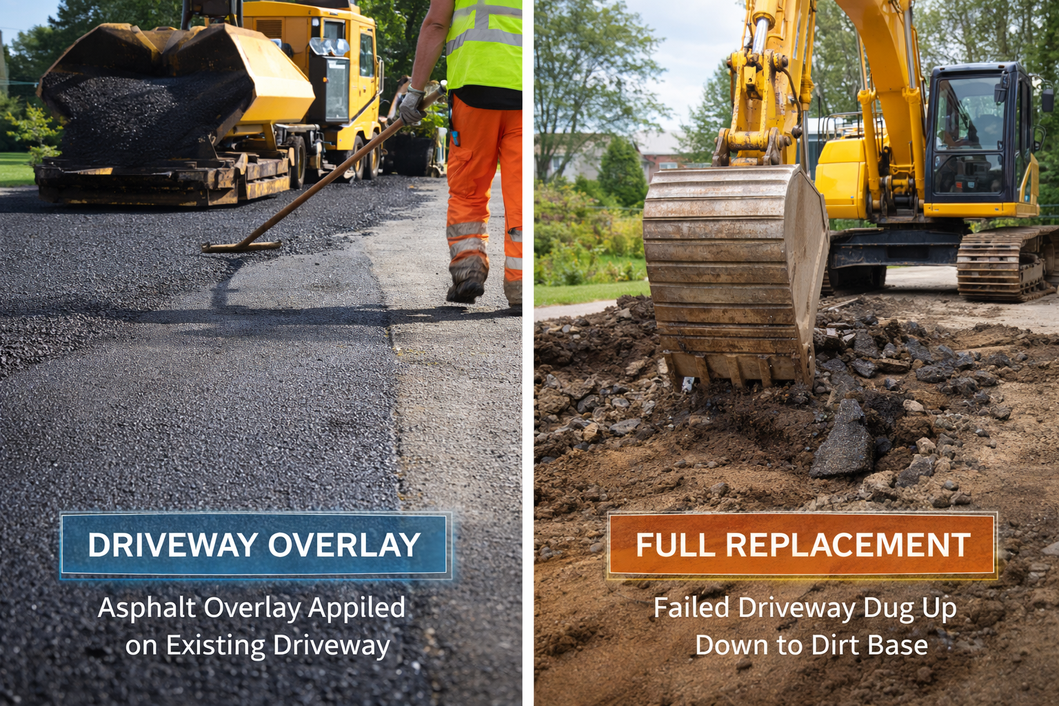 Split screen showing an asphalt overlay process versus a full driveway excavation and replacement