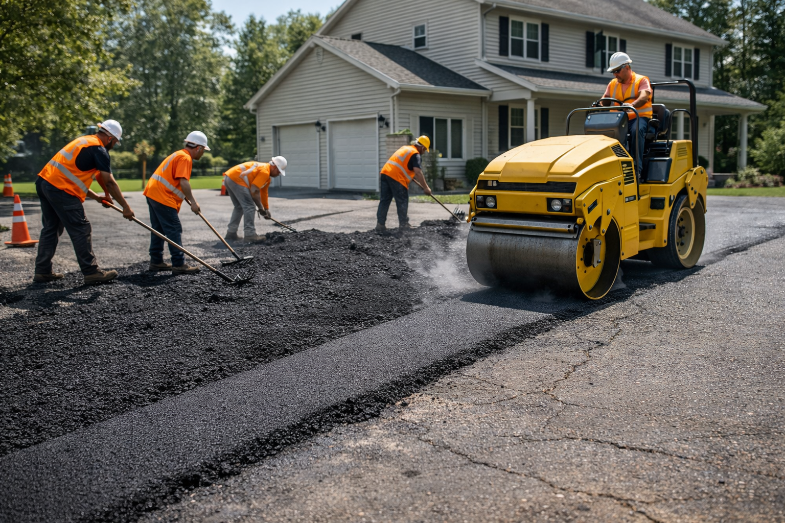 Construction crew expanding an existing asphalt driveway to add a third parking lane